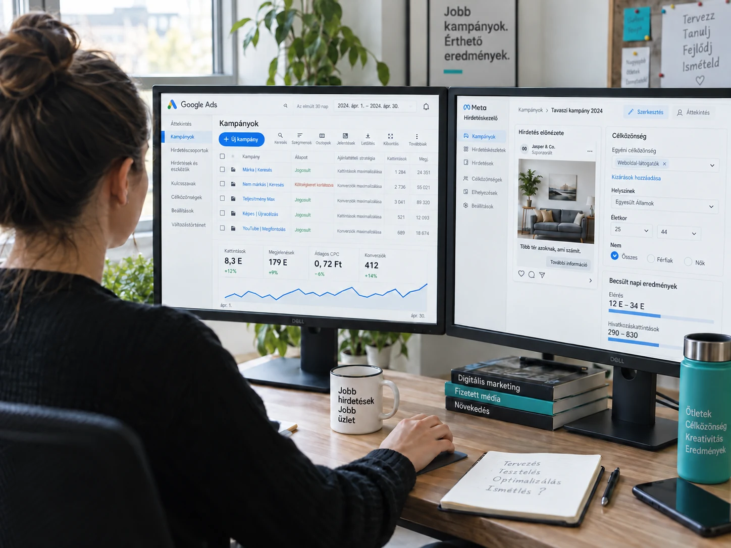 Munkatárs Google Ads és Facebook kampányokat néz két monitoron